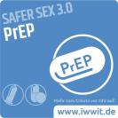 Piktogram einer Pille. Weiße Schrift auf blauem Hintergrund. Text "PrEP - Safer Sex 3.0"